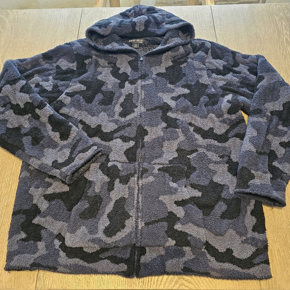 Barefoot Dreams Teddy Fleece Coat Zip Front Camoflauge Blue Gray Black XXL